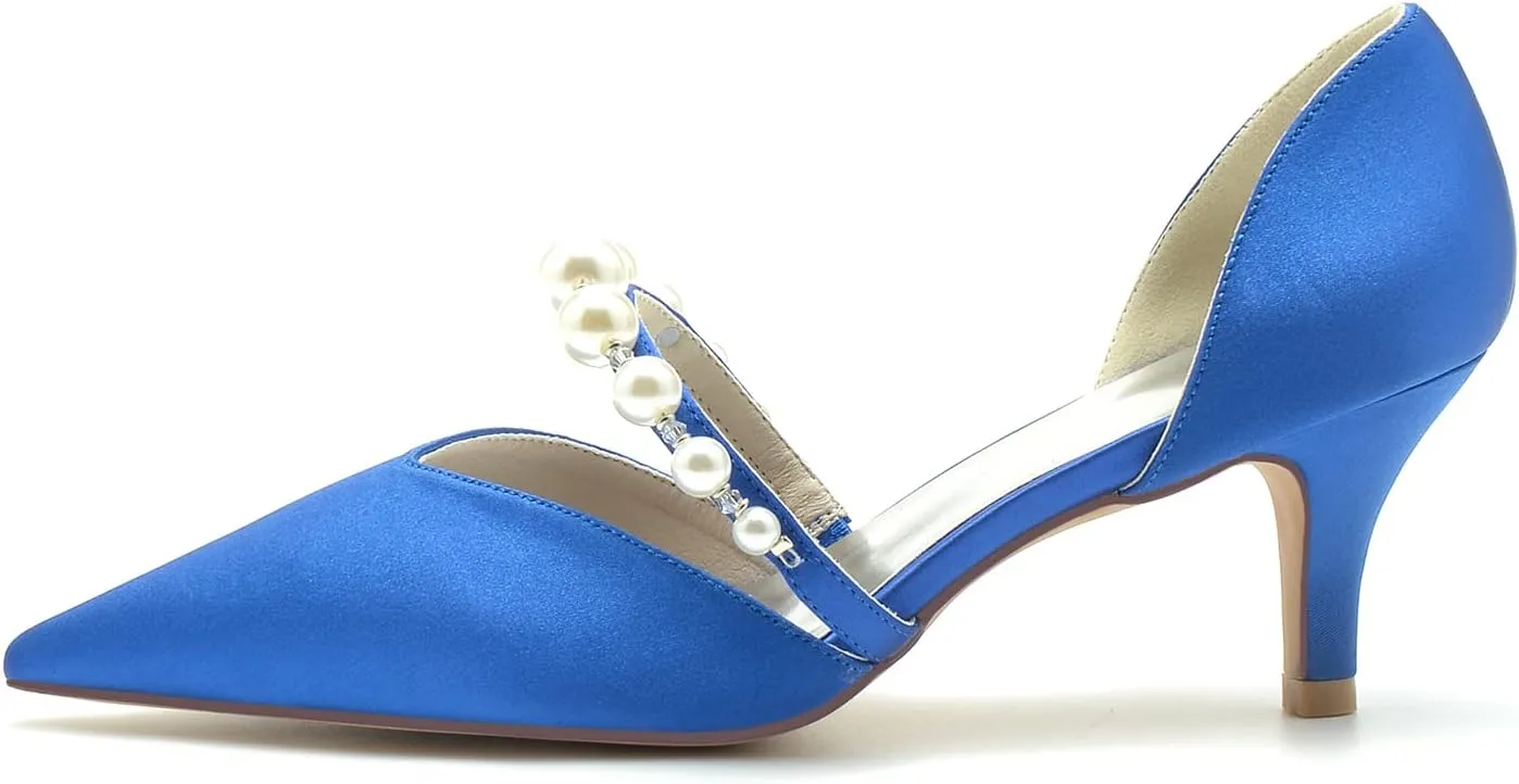 Pointed Toe Pearl Satin Wedding Shoes for Bride Low Heel Bridal Shoes for Women Satin Heels Prom Party Shoes 6869-17