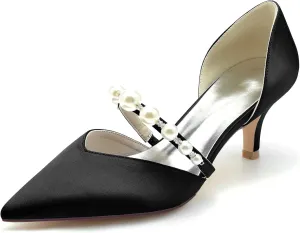 Pointed Toe Pearl Satin Wedding Shoes for Bride Low Heel Bridal Shoes for Women Satin Heels Prom Party Shoes 6869-17