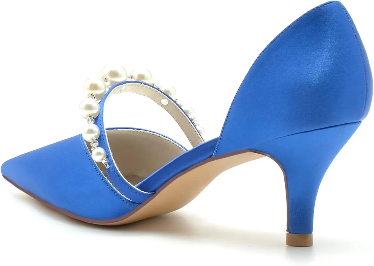 Pointed Toe Pearl Satin Wedding Shoes for Bride Low Heel Bridal Shoes for Women Satin Heels Prom Party Shoes 6869-17