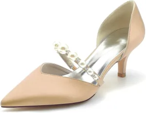 Pointed Toe Pearl Satin Wedding Shoes for Bride Low Heel Bridal Shoes for Women Satin Heels Prom Party Shoes 6869-17