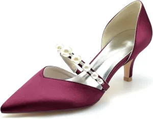 Pointed Toe Pearl Satin Wedding Shoes for Bride Low Heel Bridal Shoes for Women Satin Heels Prom Party Shoes 6869-17
