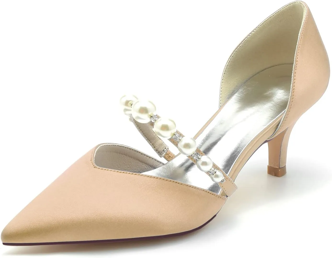 Pointed Toe Pearl Satin Wedding Shoes for Bride Low Heel Bridal Shoes for Women Satin Heels Prom Party Shoes 6869-17