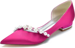 Pointed Toe Pearl Wedding Flats Comfortable Low Heels Slip On Champagne Wedding Shoes for Bride Satin Bridal Shoes Dress Pumps for Women