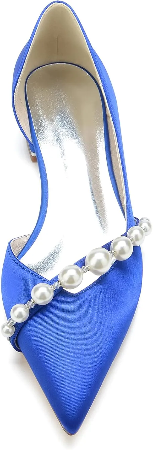 Pointed Toe Pearl Wedding Flats Comfortable Low Heels Slip On Champagne Wedding Shoes for Bride Satin Bridal Shoes Dress Pumps for Women