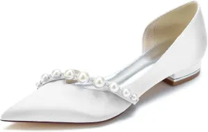 Pointed Toe Pearl Wedding Flats Comfortable Low Heels Slip On Champagne Wedding Shoes for Bride Satin Bridal Shoes Dress Pumps for Women