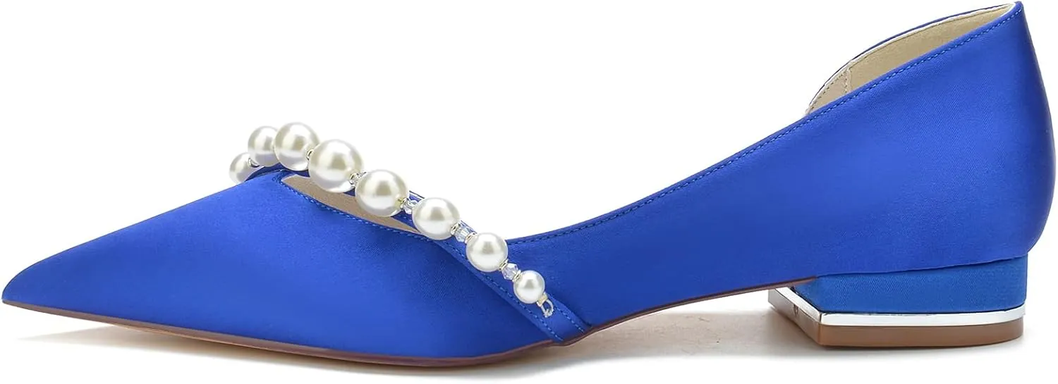 Pointed Toe Pearl Wedding Flats Comfortable Low Heels Slip On Champagne Wedding Shoes for Bride Satin Bridal Shoes Dress Pumps for Women