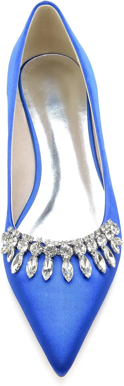 Pointed Toe Satin Flats with Rhinestones Wedding Shoes for Bride Flats Closed Toe Bridal Flat Dress Shoes Pumps for Women