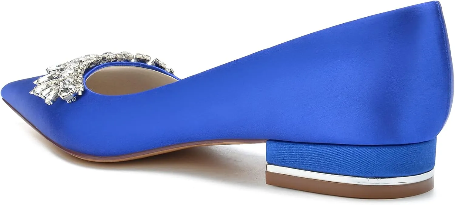 Pointed Toe Satin Flats with Rhinestones Wedding Shoes for Bride Flats Closed Toe Bridal Flat Dress Shoes Pumps for Women