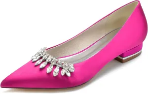 Pointed Toe Satin Flats with Rhinestones Wedding Shoes for Bride Flats Closed Toe Bridal Flat Dress Shoes Pumps for Women