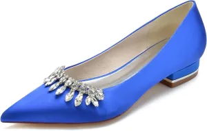 Pointed Toe Satin Flats with Rhinestones Wedding Shoes for Bride Flats Closed Toe Bridal Flat Dress Shoes Pumps for Women