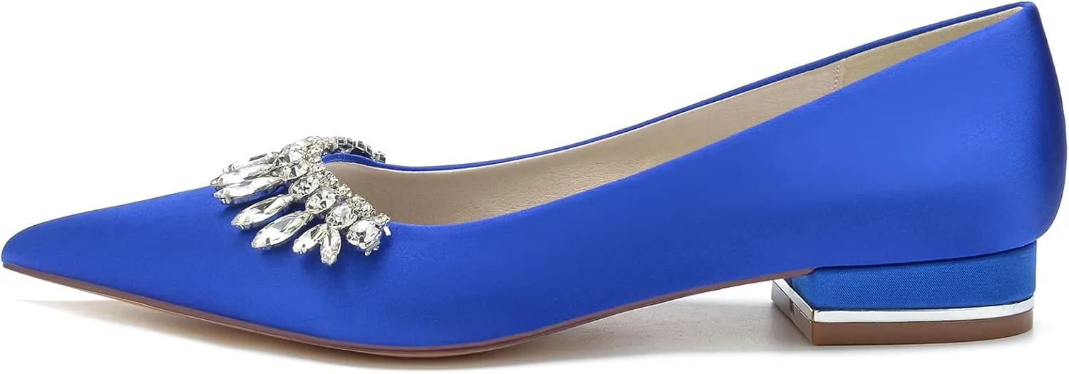 Pointed Toe Satin Flats with Rhinestones Wedding Shoes for Bride Flats Closed Toe Bridal Flat Dress Shoes Pumps for Women