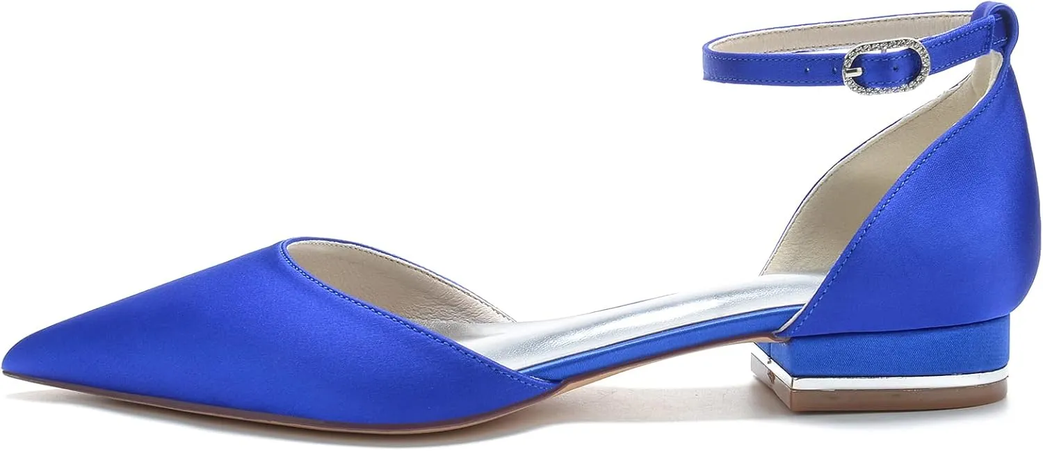 Pointed Toe Satin Wedding Flats Comfortable Wedding Shoes for Bride Low Heels Ankle Strap Bridal Flats Evening Prom Party Dress Shoes Pumps for Women