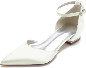 Pointed Toe Satin Wedding Flats Comfortable Wedding Shoes for Bride Low Heels Ankle Strap Bridal Flats Evening Prom Party Dress Shoes Pumps for Women