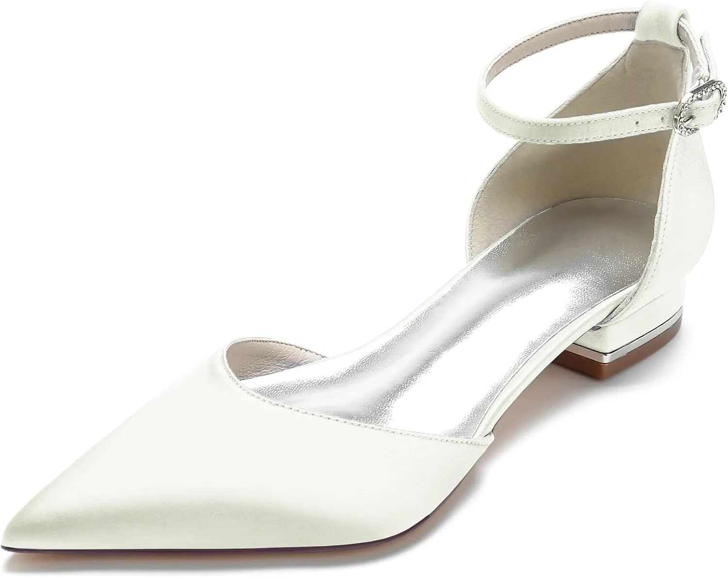 Pointed Toe Satin Wedding Flats Comfortable Wedding Shoes for Bride Low Heels Ankle Strap Bridal Flats Evening Prom Party Dress Shoes Pumps for Women