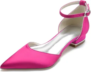 Pointed Toe Satin Wedding Flats Comfortable Wedding Shoes for Bride Low Heels Ankle Strap Bridal Flats Evening Prom Party Dress Shoes Pumps for Women