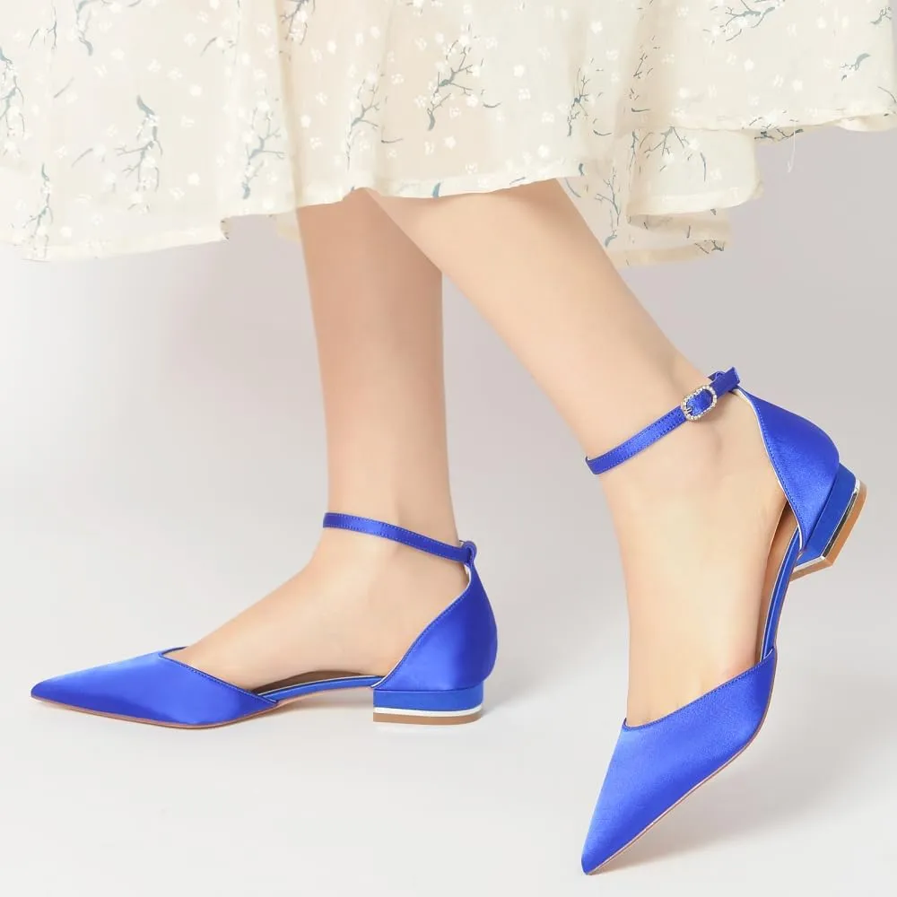 Pointed Toe Satin Wedding Flats Comfortable Wedding Shoes for Bride Low Heels Ankle Strap Bridal Flats Evening Prom Party Dress Shoes Pumps for Women