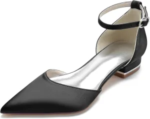Pointed Toe Satin Wedding Flats Comfortable Wedding Shoes for Bride Low Heels Ankle Strap Bridal Flats Evening Prom Party Dress Shoes Pumps for Women