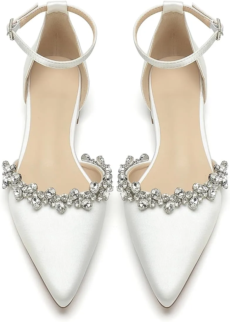 Pointed Toe Satin Wedding Flats for Bride Comfortable Rhinestones White Wedding Shoes Low Heels Bridal Flats Evening Prom Party Dress Shoes Pumps for Women