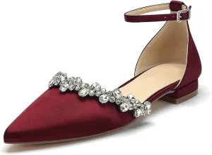 Pointed Toe Satin Wedding Flats for Bride Comfortable Rhinestones White Wedding Shoes Low Heels Bridal Flats Evening Prom Party Dress Shoes Pumps for Women