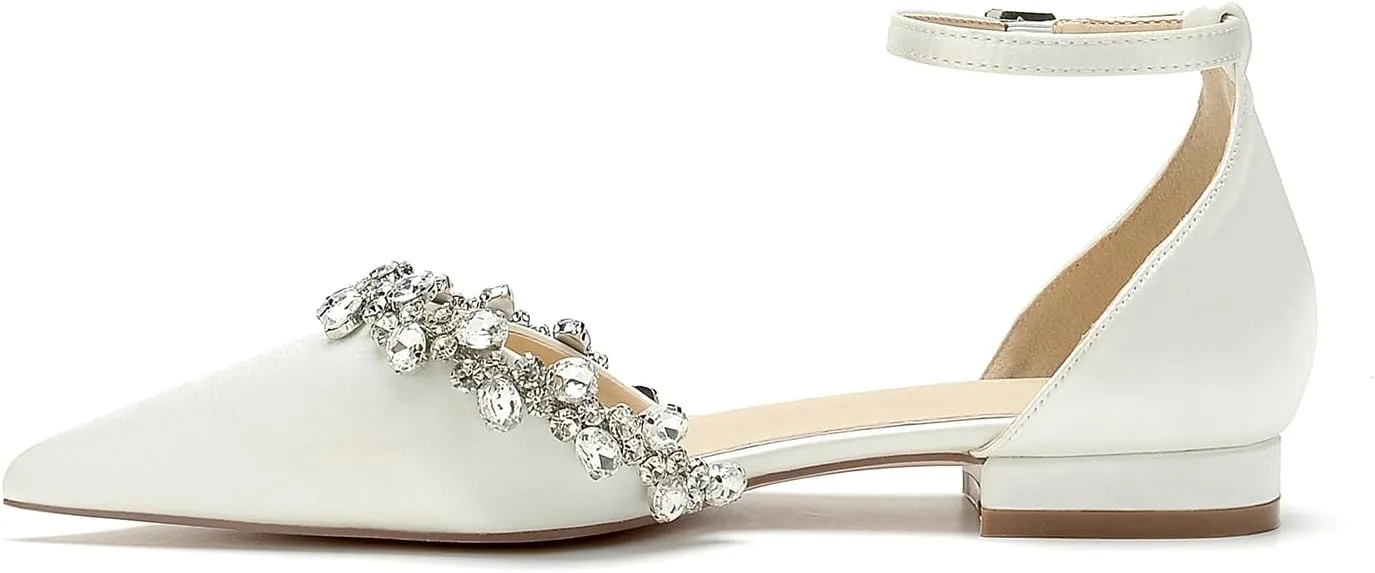 Pointed Toe Satin Wedding Flats for Bride Comfortable Rhinestones White Wedding Shoes Low Heels Bridal Flats Evening Prom Party Dress Shoes Pumps for Women