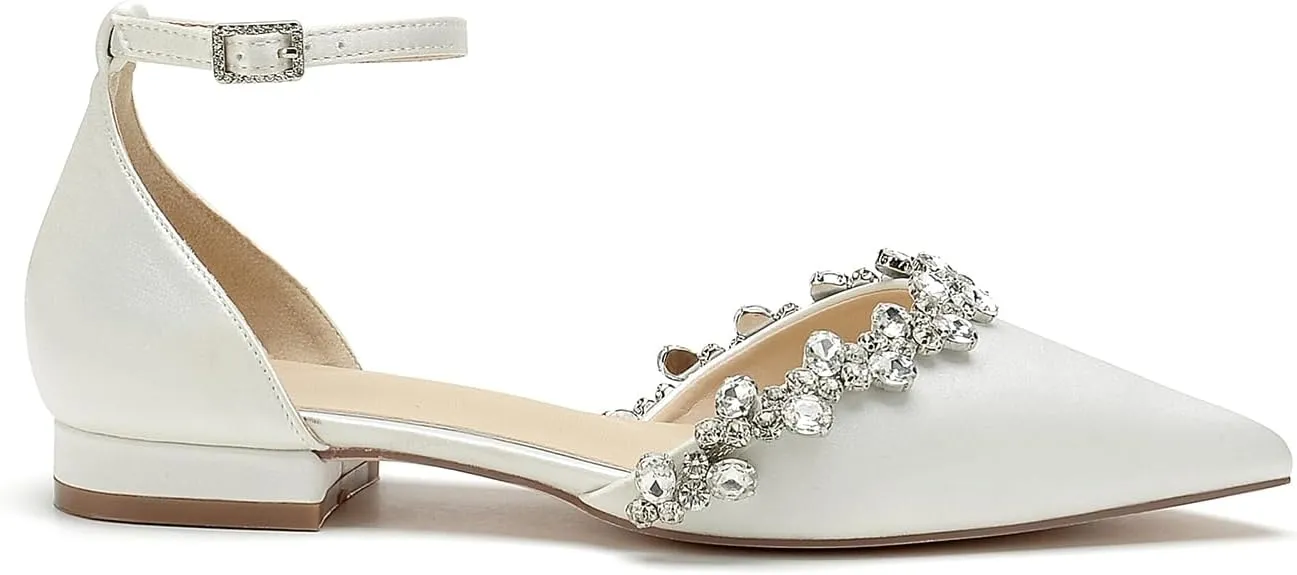 Pointed Toe Satin Wedding Flats for Bride Comfortable Rhinestones White Wedding Shoes Low Heels Bridal Flats Evening Prom Party Dress Shoes Pumps for Women