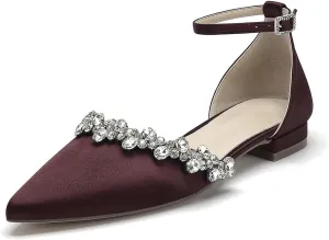 Pointed Toe Satin Wedding Flats for Bride Comfortable Rhinestones White Wedding Shoes Low Heels Bridal Flats Evening Prom Party Dress Shoes Pumps for Women