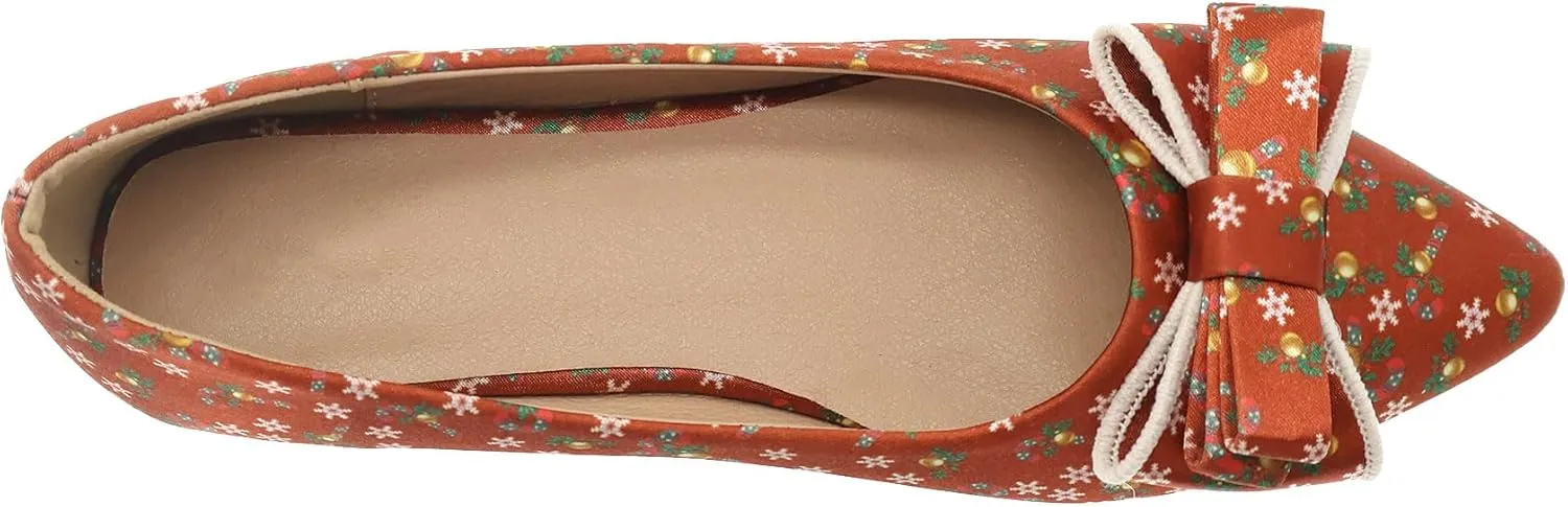 Pointy Toe Dressy Flats Shoes for Women Comfortable, Adorable Embroidered Bows, Red Cushioned Dance Shoes for Christmas