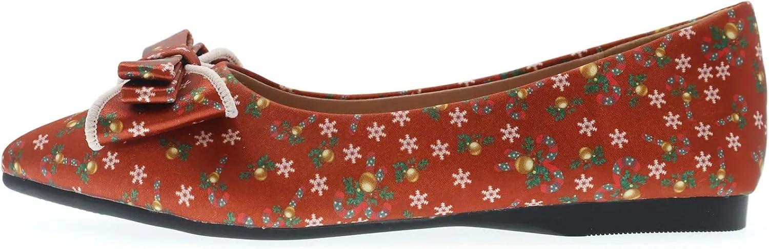 Pointy Toe Dressy Flats Shoes for Women Comfortable, Adorable Embroidered Bows, Red Cushioned Dance Shoes for Christmas