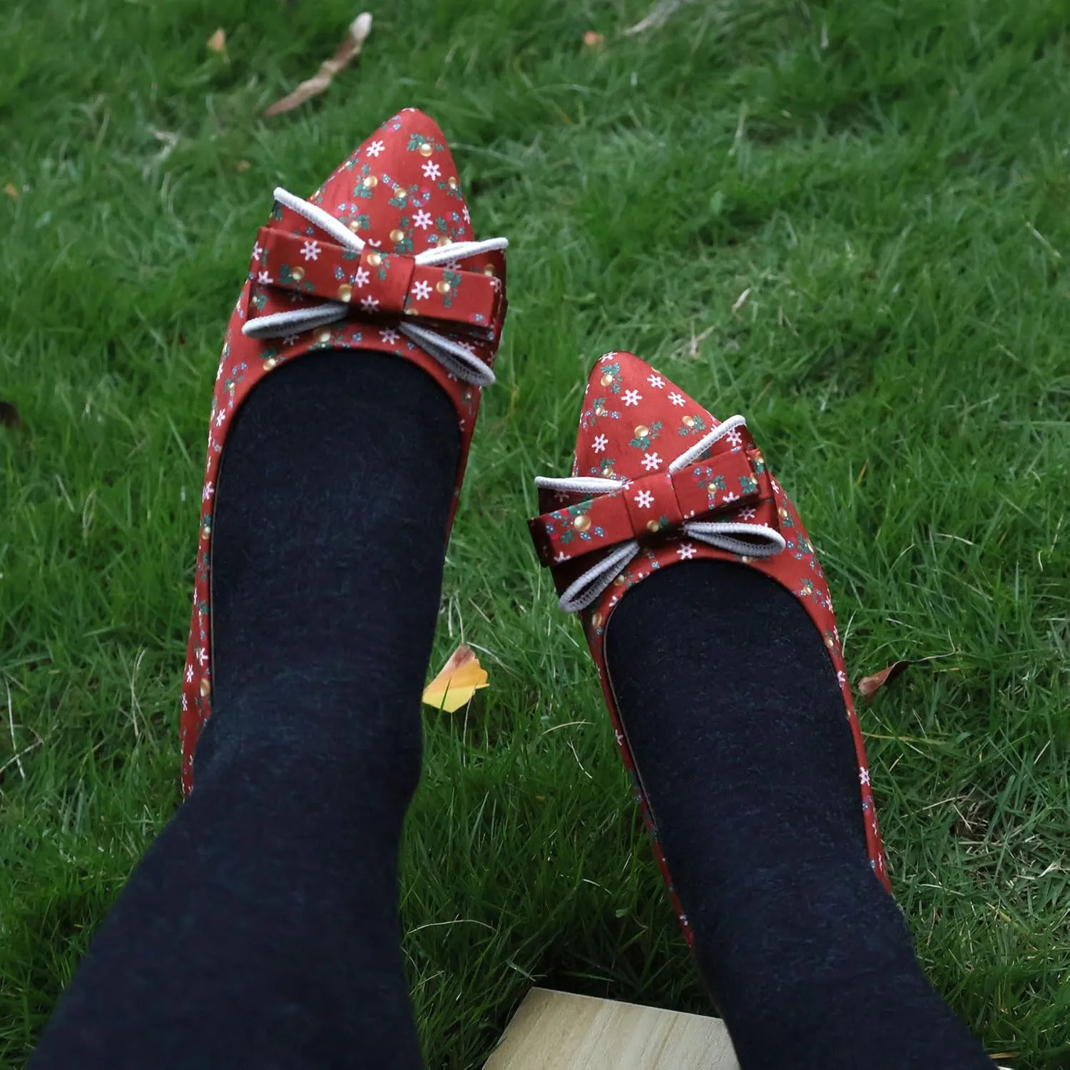 Pointy Toe Dressy Flats Shoes for Women Comfortable, Adorable Embroidered Bows, Red Cushioned Dance Shoes for Christmas