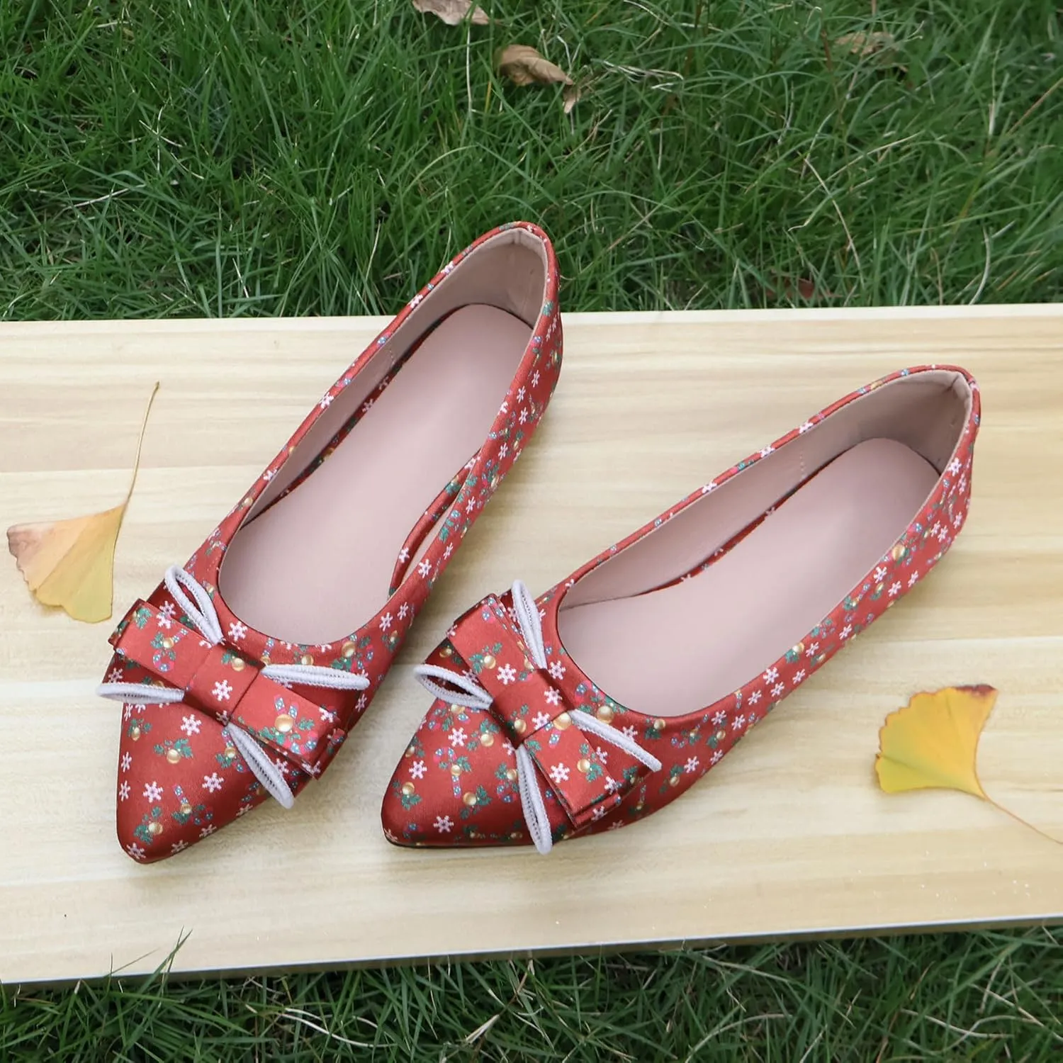 Pointy Toe Dressy Flats Shoes for Women Comfortable, Adorable Embroidered Bows, Red Cushioned Dance Shoes for Christmas