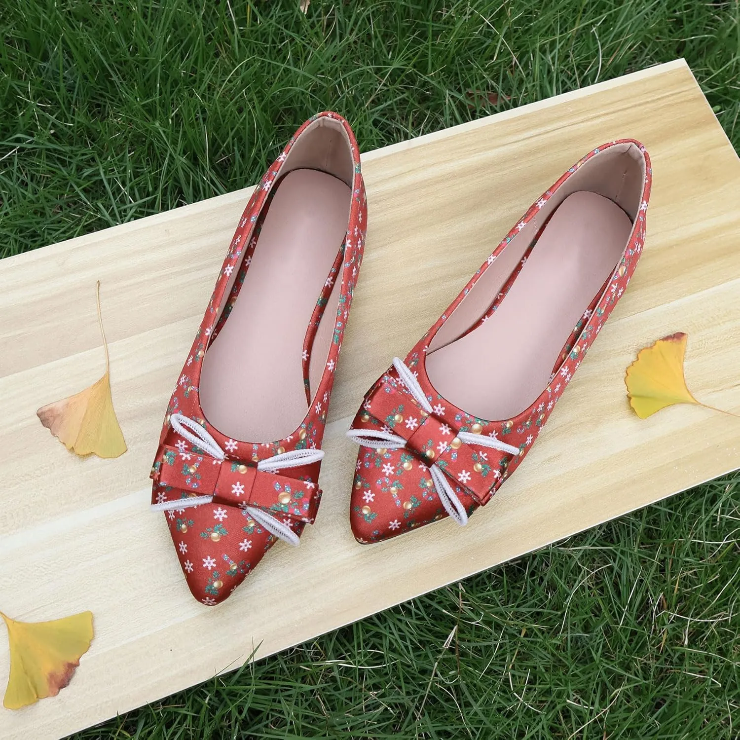 Pointy Toe Dressy Flats Shoes for Women Comfortable, Adorable Embroidered Bows, Red Cushioned Dance Shoes for Christmas