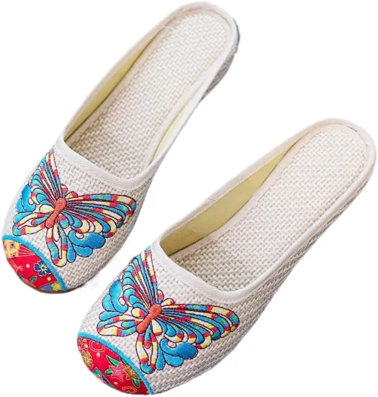 Premium Luxury Handmade Embroidery Linen Slides Summer Slippers For Women Sandals Flip Flops Arch Support Soft Sole Footwear