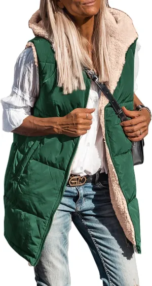 PRETTYGARDEN Womens 2025 Fall Reversible Vests Sleeveless Fleece Jacket Zip Up Hoodie Pockets Long Warm Winter Coat Outerwear