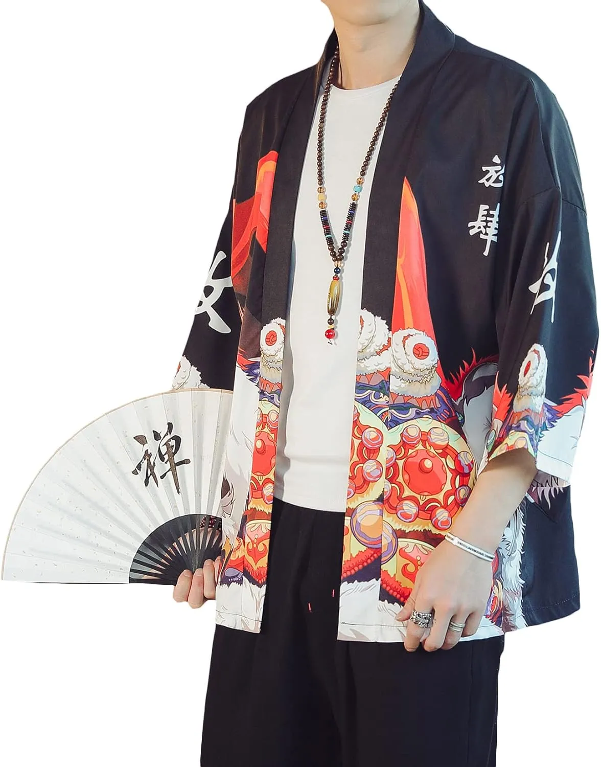 PRIJOUHE Men's Lightweight Kimono Jacket Seven Sleeve Open Front Cardigan Coat Japanese Style Bathrobe