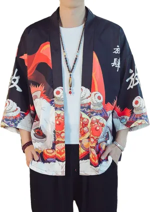 PRIJOUHE Men's Lightweight Kimono Jacket Seven Sleeve Open Front Cardigan Coat Japanese Style Bathrobe