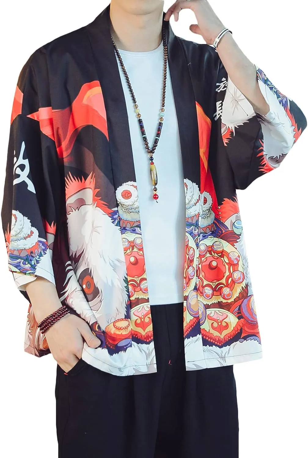 PRIJOUHE Men's Lightweight Kimono Jacket Seven Sleeve Open Front Cardigan Coat Japanese Style Bathrobe