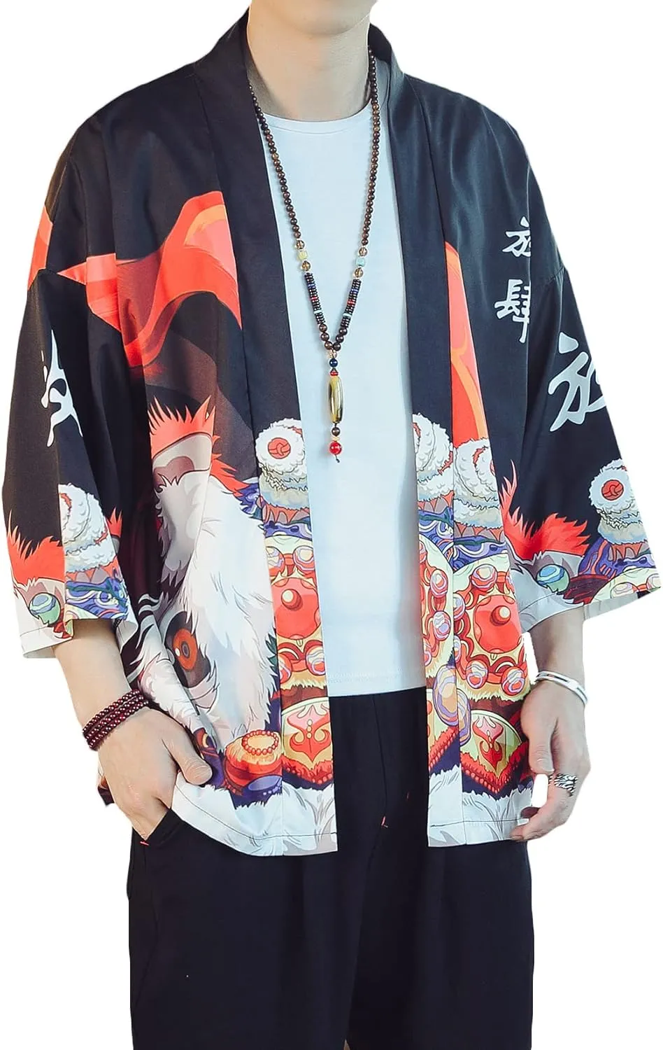 PRIJOUHE Men's Lightweight Kimono Jacket Seven Sleeve Open Front Cardigan Coat Japanese Style Bathrobe
