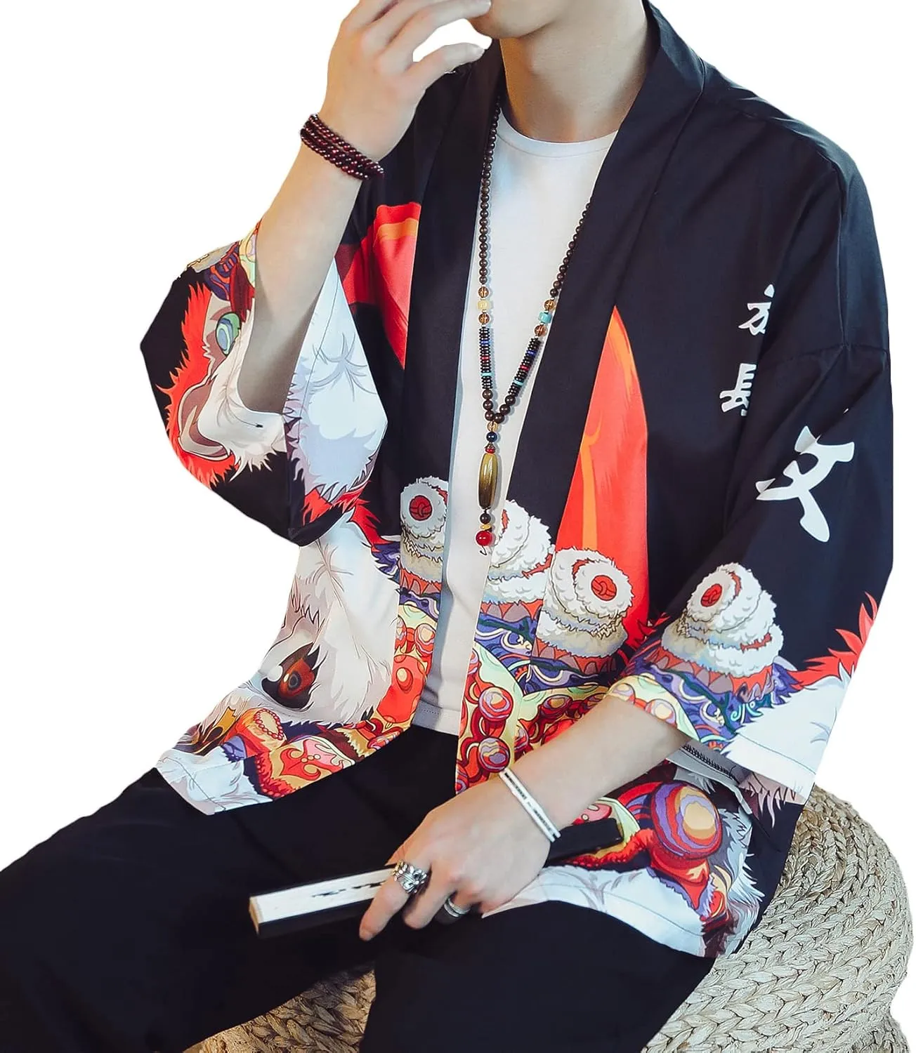 PRIJOUHE Men's Lightweight Kimono Jacket Seven Sleeve Open Front Cardigan Coat Japanese Style Bathrobe