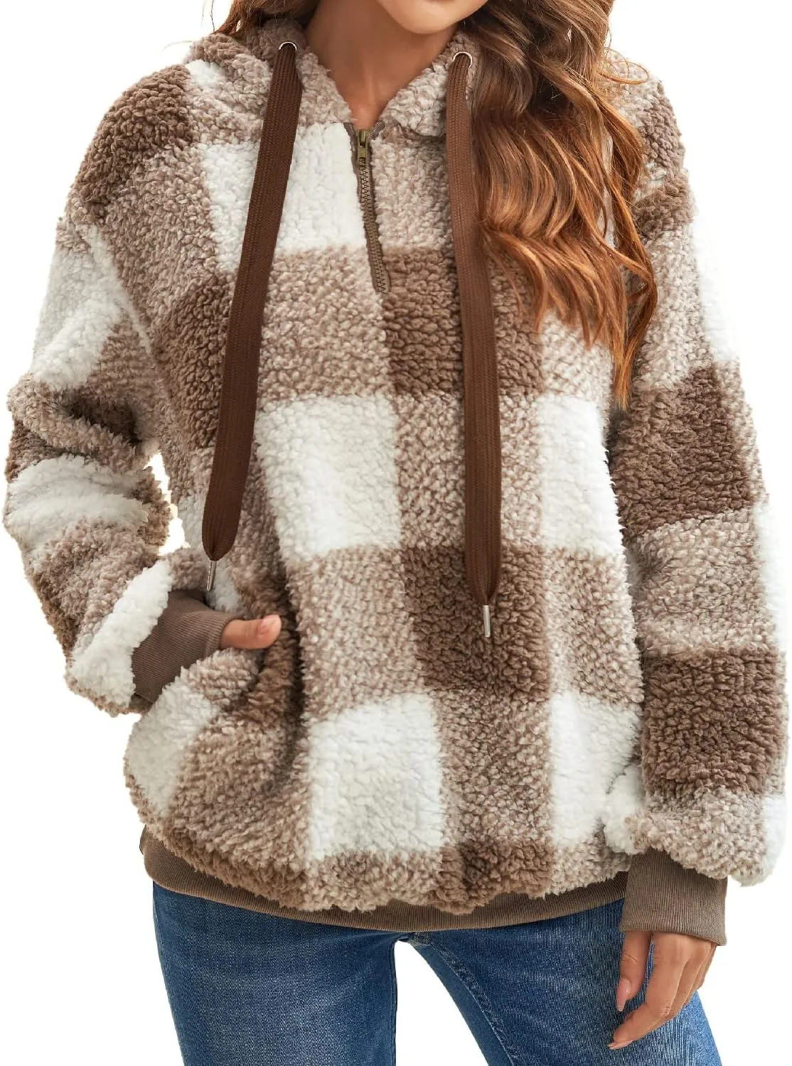 ReachMe Womens Oversized Sherpa Pullover Hoodie with Pockets Fuzzy Fleece Sweatshirt Plaid Fluffy Jacket Coat