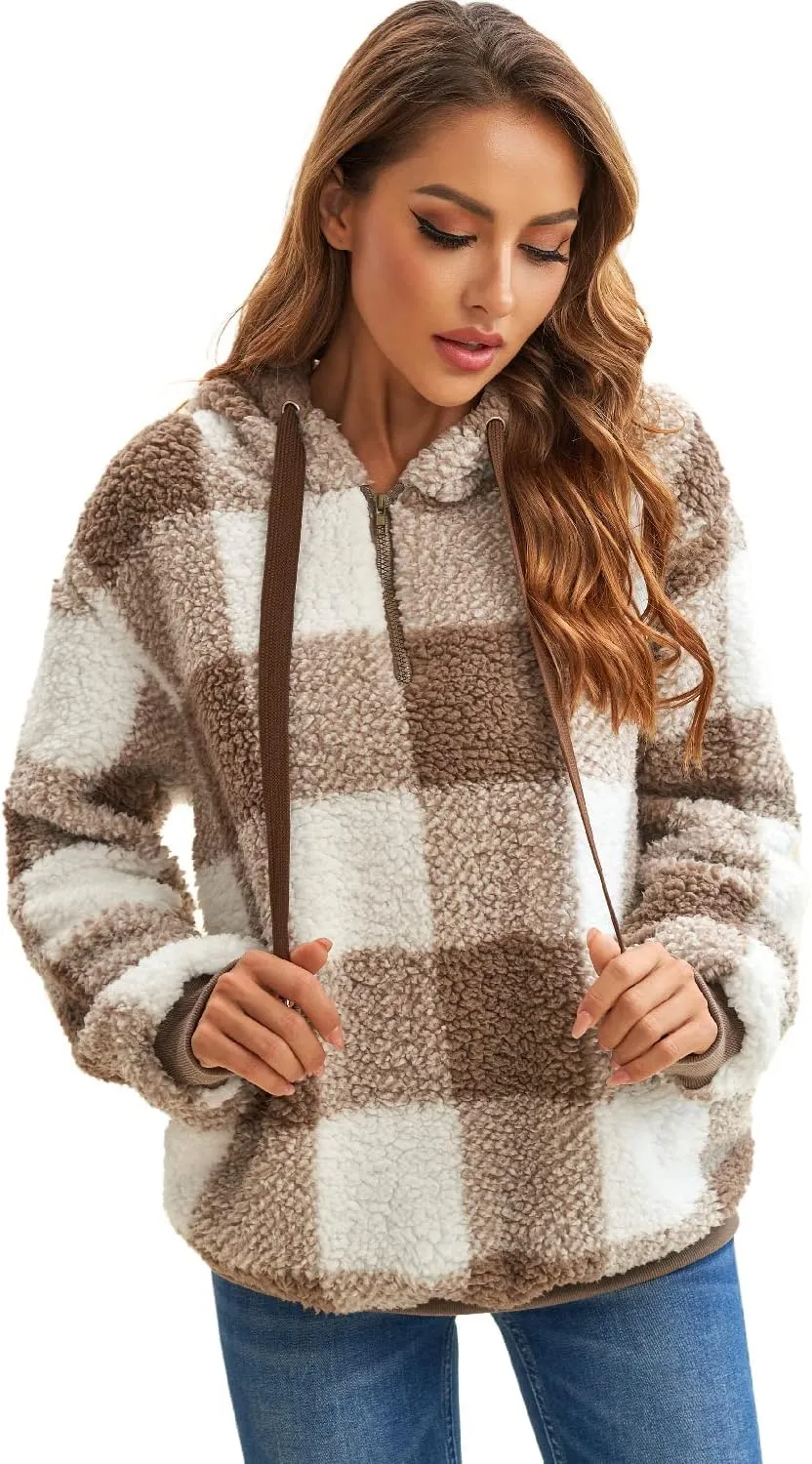 ReachMe Womens Oversized Sherpa Pullover Hoodie with Pockets Fuzzy Fleece Sweatshirt Plaid Fluffy Jacket Coat