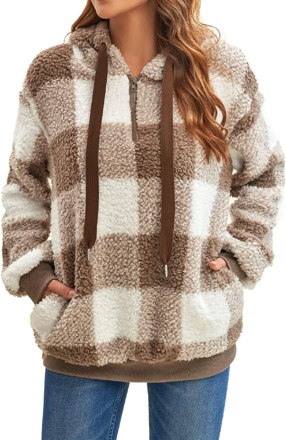 ReachMe Womens Oversized Sherpa Pullover Hoodie with Pockets Fuzzy Fleece Sweatshirt Plaid Fluffy Jacket Coat