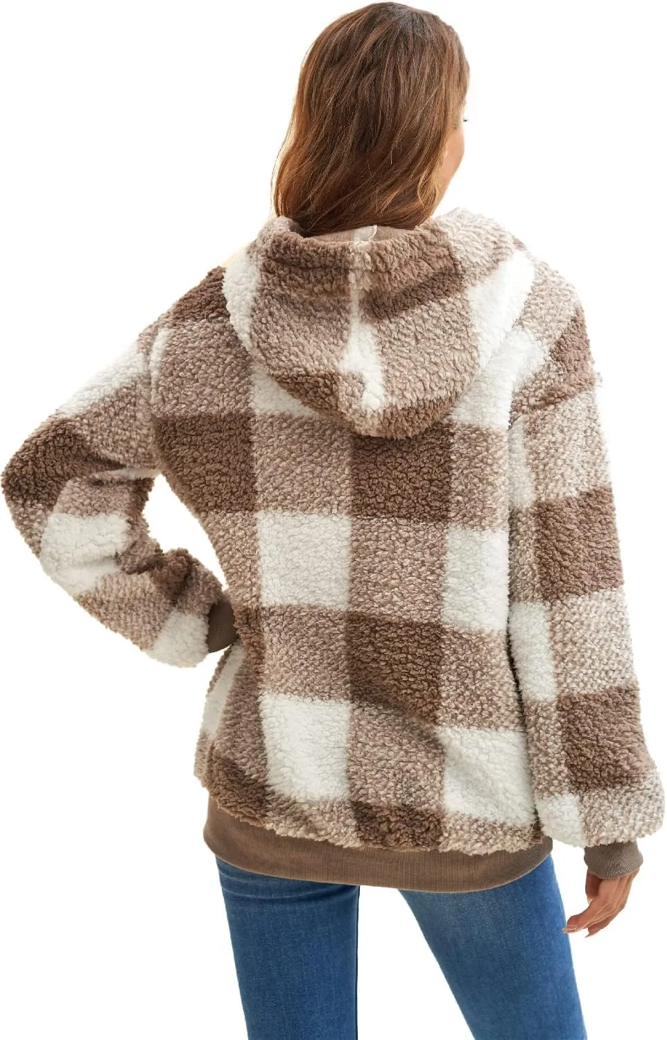 ReachMe Womens Oversized Sherpa Pullover Hoodie with Pockets Fuzzy Fleece Sweatshirt Plaid Fluffy Jacket Coat