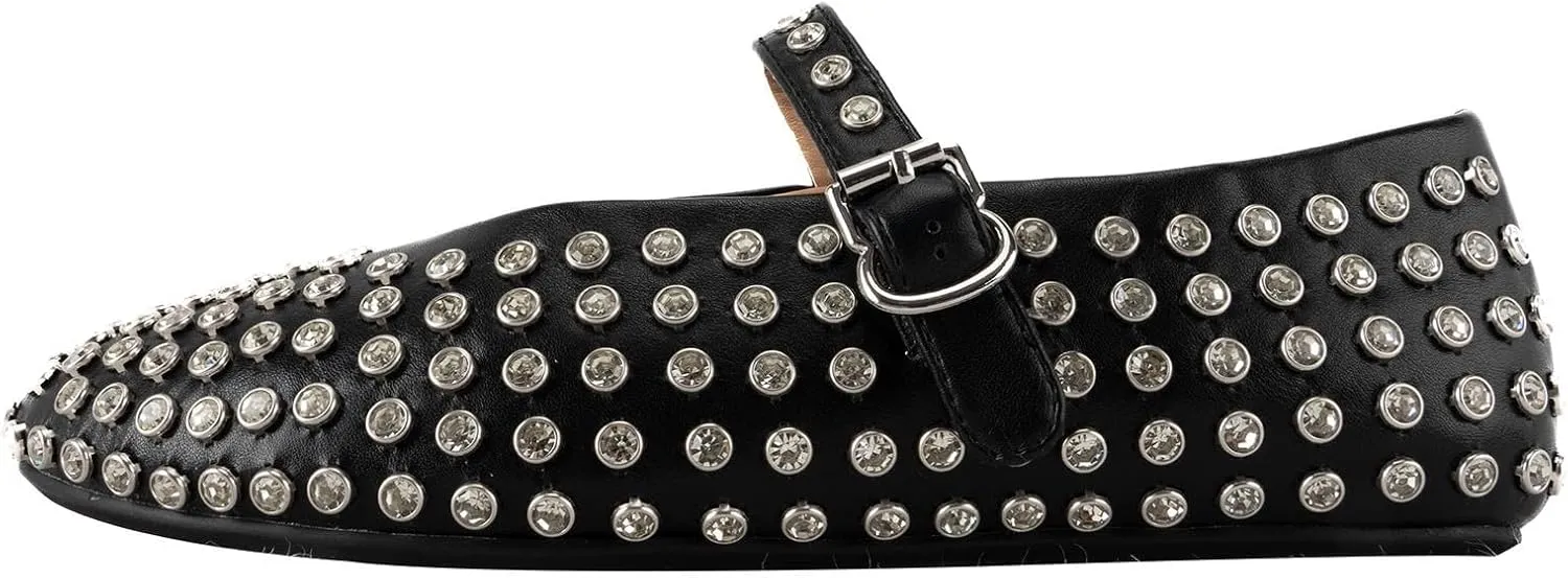 Rhinestone Flats for Women Crystal Studded Mary Jane Ballet Flats Shoes Buckle Strap Sparkly Casual Dress Ballerina Shoes