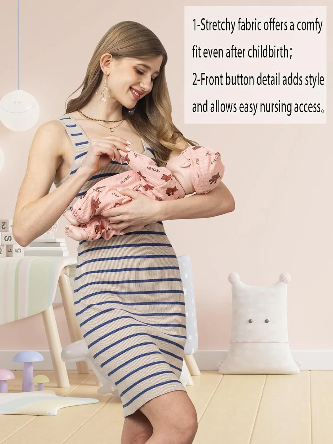 Rnxrbb Striped Button Maternity Dress Summer Bodycon Tank Pregnancy Dresses Sleeveless Clothes Ribbed Knit