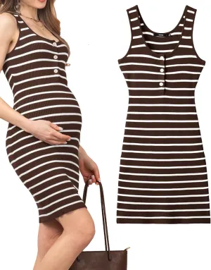 Rnxrbb Striped Button Maternity Dress Summer Bodycon Tank Pregnancy Dresses Sleeveless Clothes Ribbed Knit