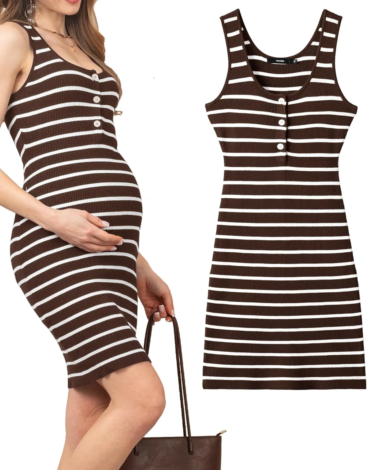 Rnxrbb Striped Button Maternity Dress Summer Bodycon Tank Pregnancy Dresses Sleeveless Clothes Ribbed Knit