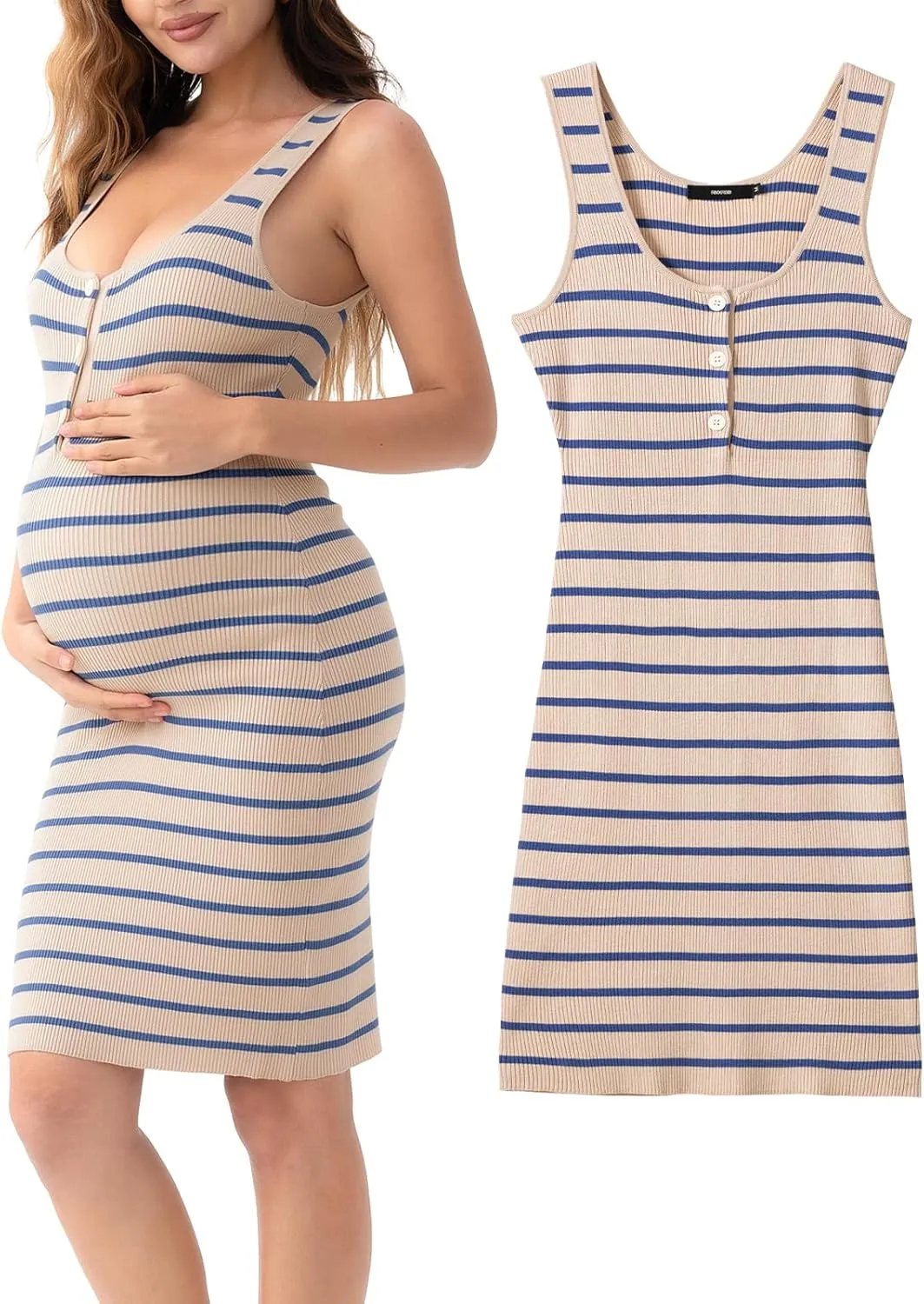 Rnxrbb Striped Button Maternity Dress Summer Bodycon Tank Pregnancy Dresses Sleeveless Clothes Ribbed Knit