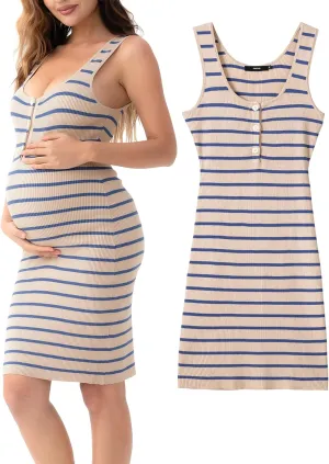 Rnxrbb Striped Button Maternity Dress Summer Bodycon Tank Pregnancy Dresses Sleeveless Clothes Ribbed Knit