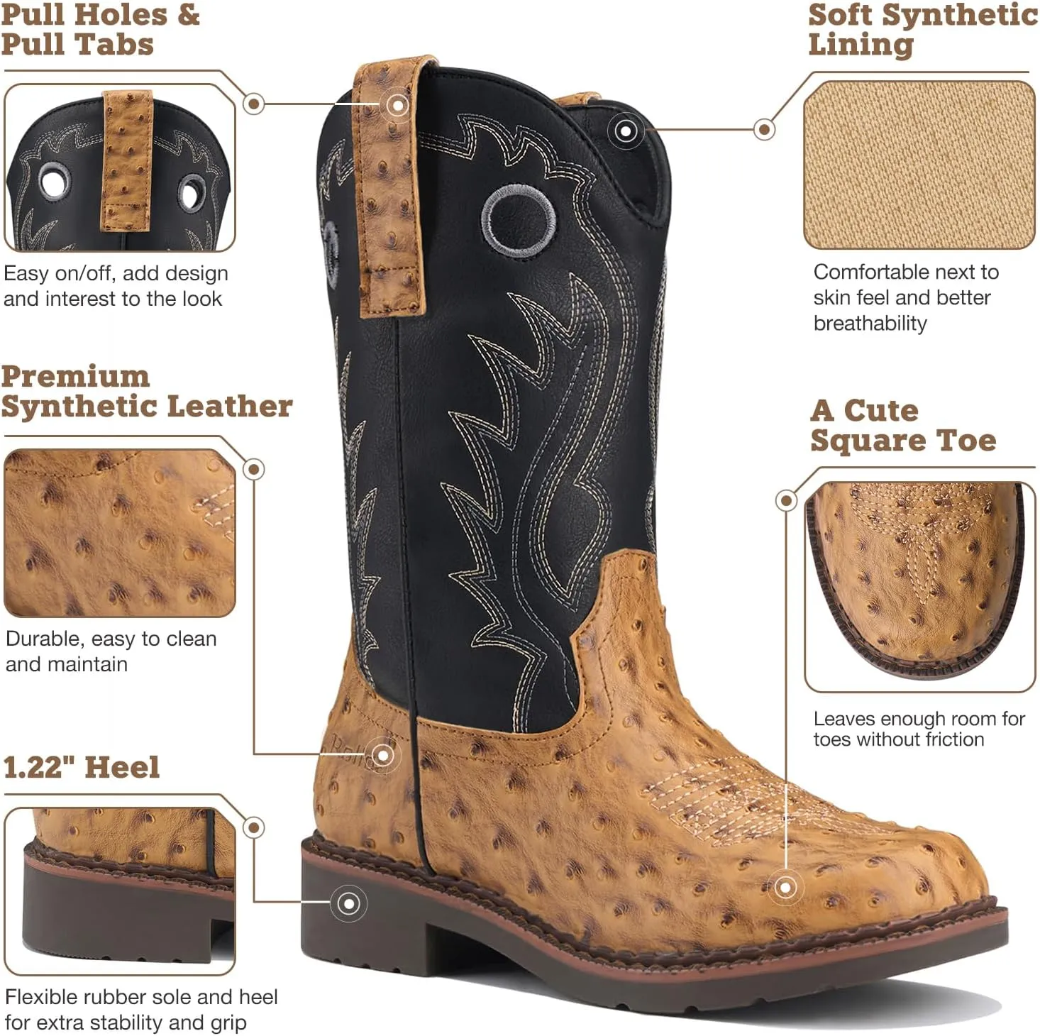 Rollda Boys Cowboy Boots Kids Western Boots Square Toe Girls Cowgirl Boots for Toddler/Little Kid/Big Kid