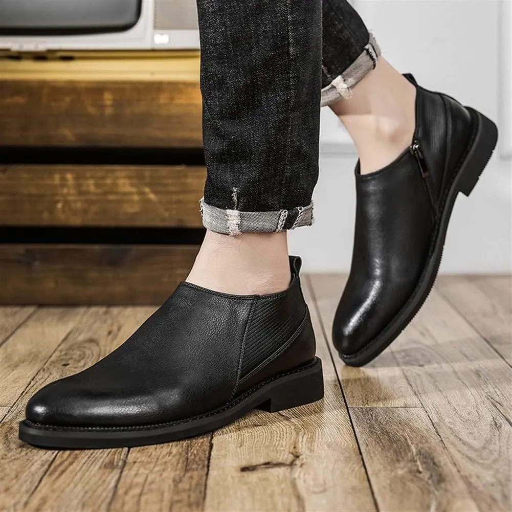 Round Toe Ankle Boots for Men Elastic Bandage with Zipper Cowhide Leather Wearable Slip On Waterproof Casual